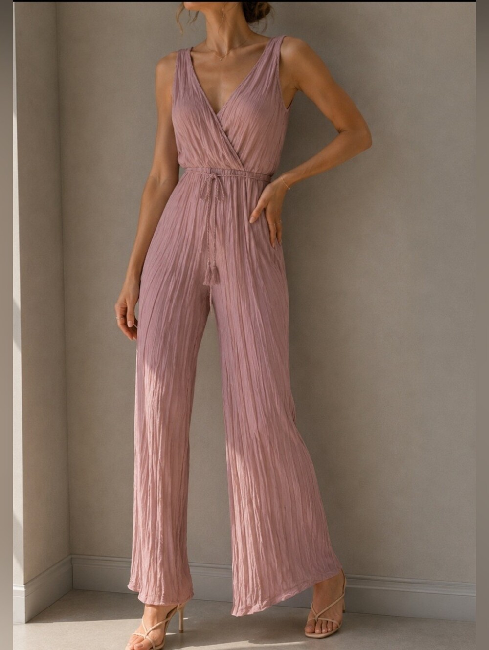 Shinestar Sleeveless V-Neck Pleated Jumpsuit in Dusty Pink